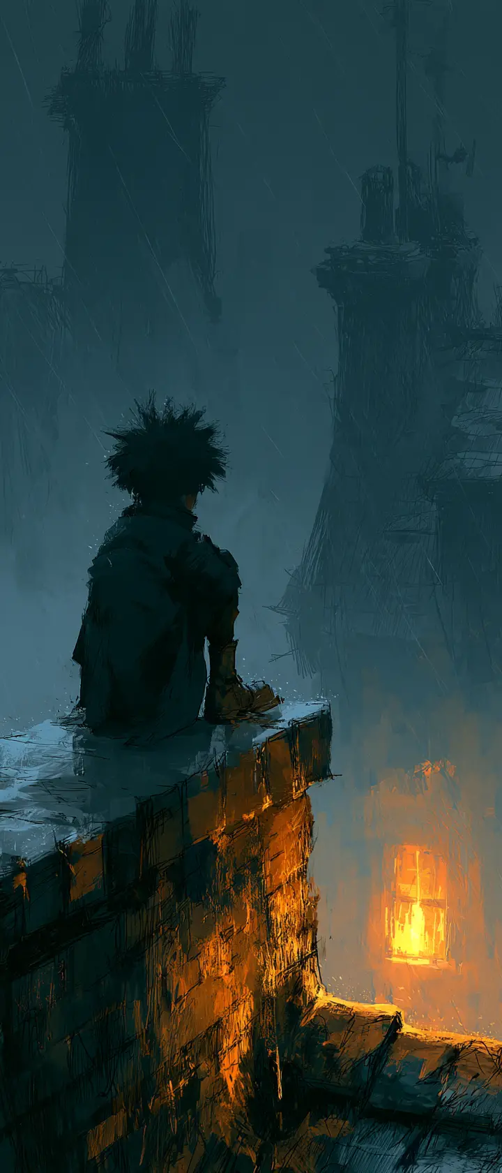 Lonely gothic child on a rainy city rooftop at night