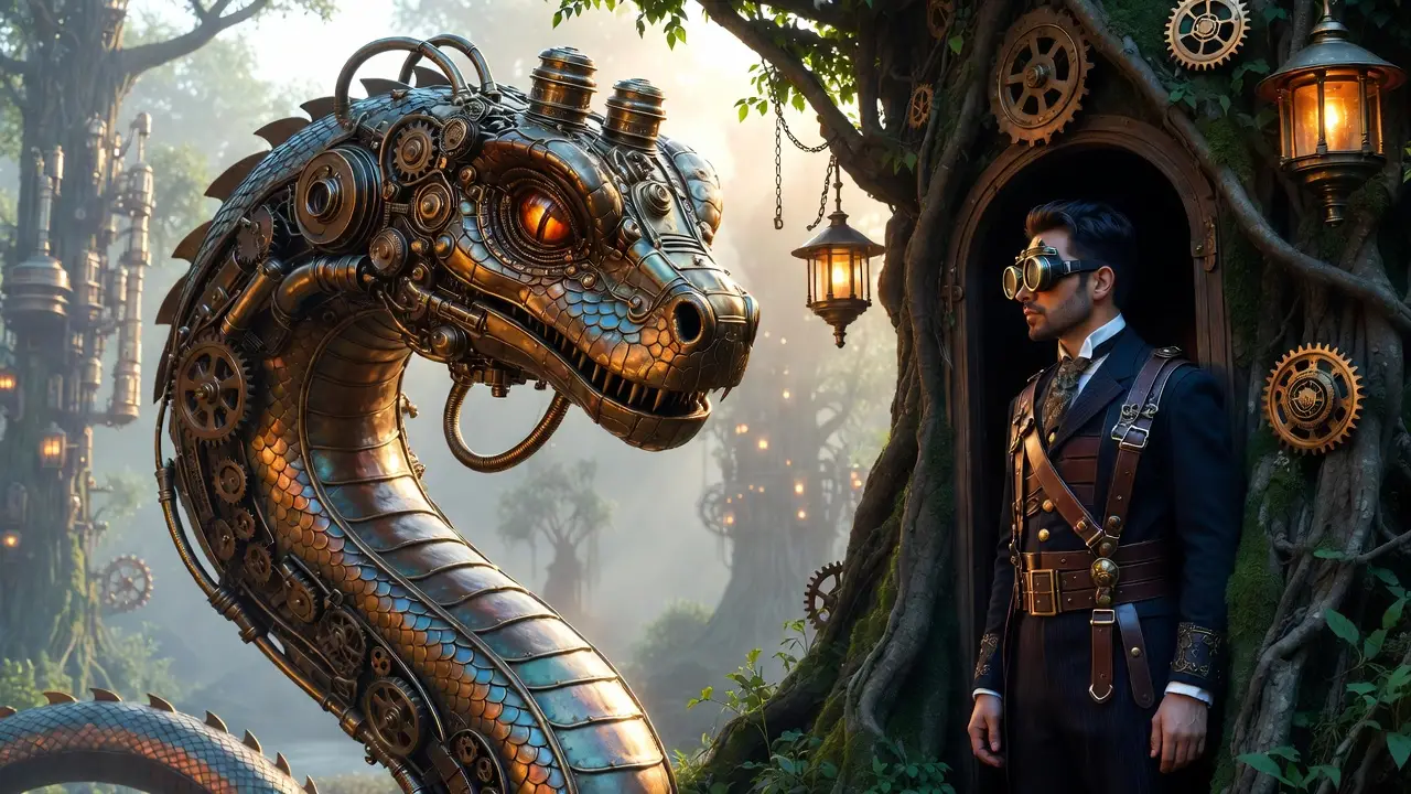 Steampunk-Schlange, die sich um ein uraltes Baumhaus windet
