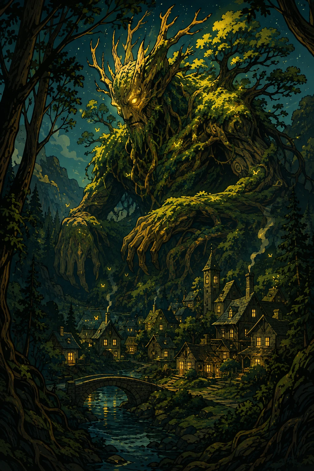 Forest guardian of roots watching over a sleeping village