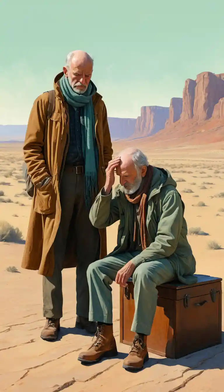 Older cloaked man and younger man in mint background