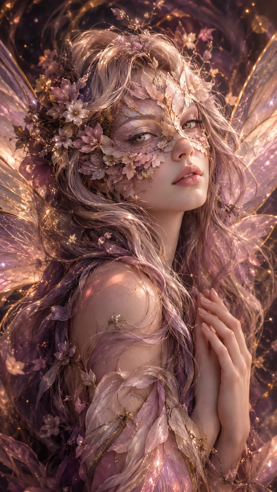 Ethereal flower spirit portrait with luminous wings