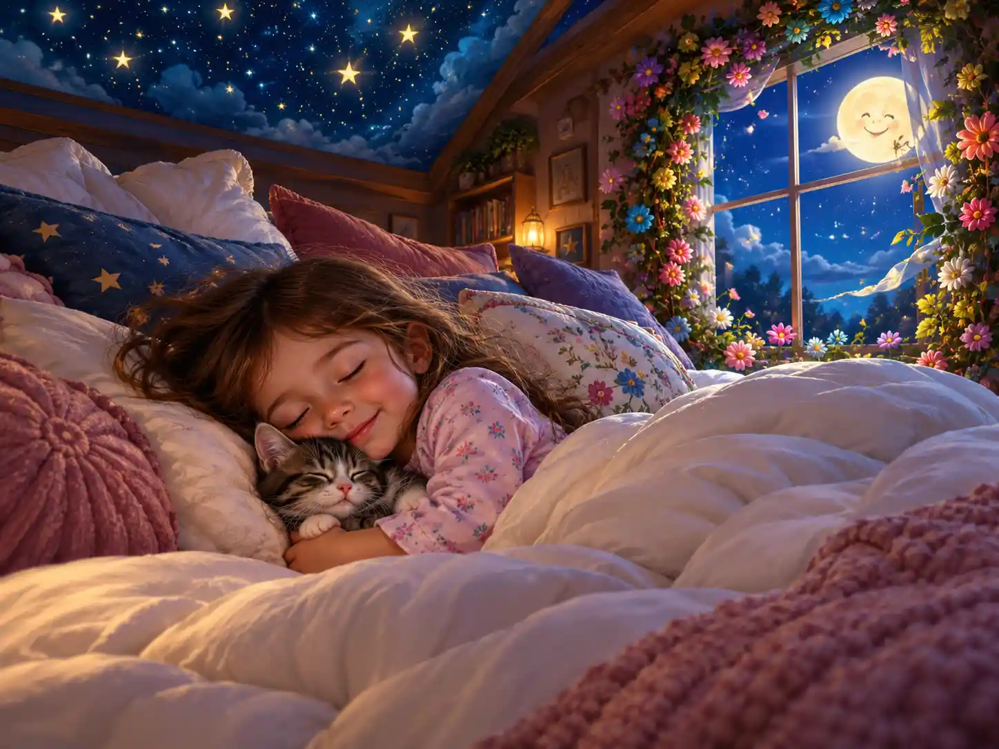 Little girl and kitten sleeping in a magical moonlit bed
