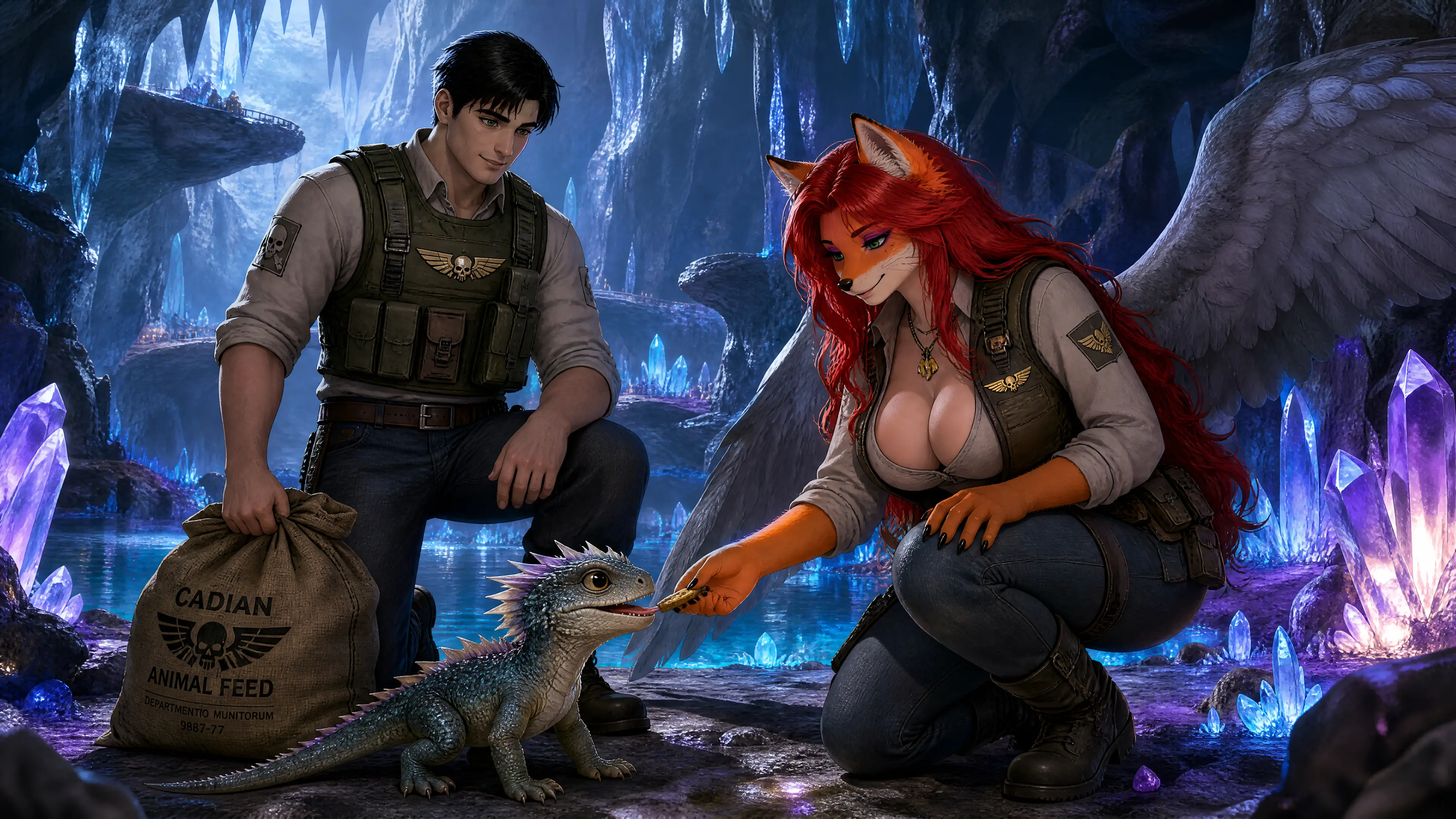 Anthro direwolf woman and man feeding a lizard in cave