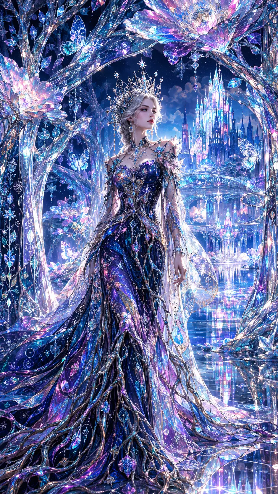 Fantasy queen walking through a luminous glass forest