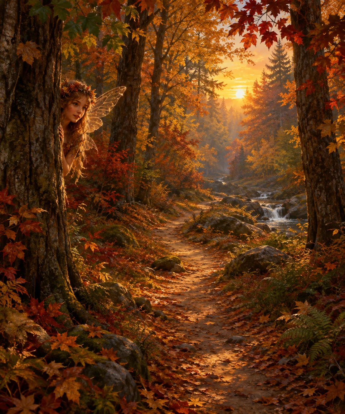 Mystischer Pfad durch einen sonnenbeschienenen Herbstwald – Gemälde