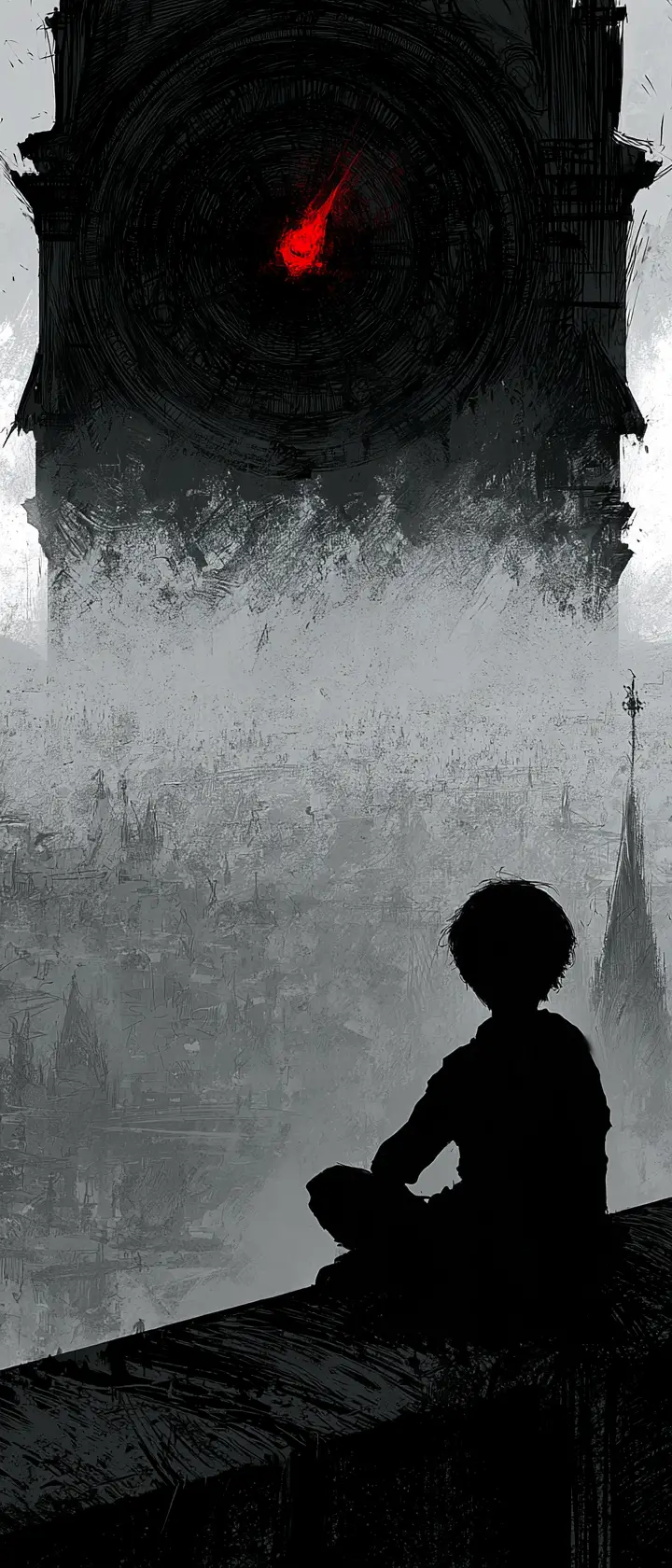Child On Clock Tower Overlooking Foggy Monochrome City