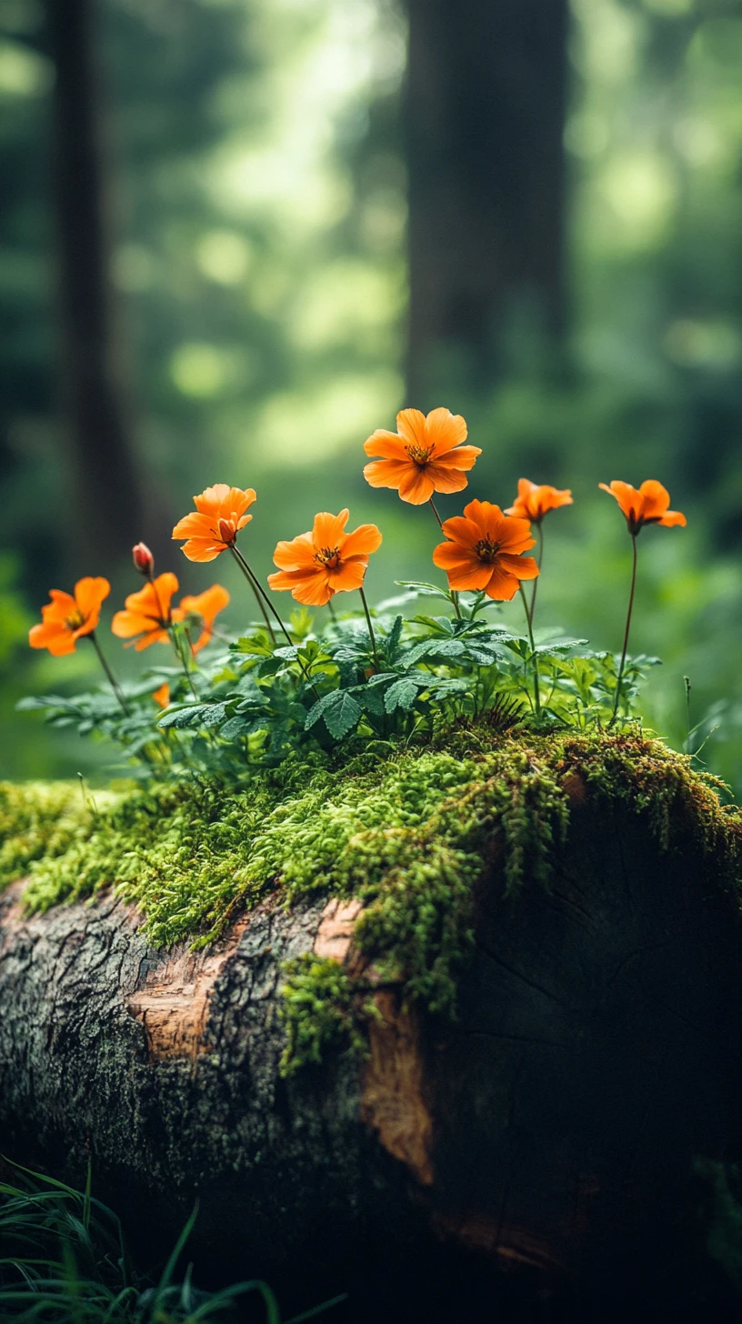 Orangefarbene Blumen auf moosigem Stamm im sonnenbeschienenen grünen Wald