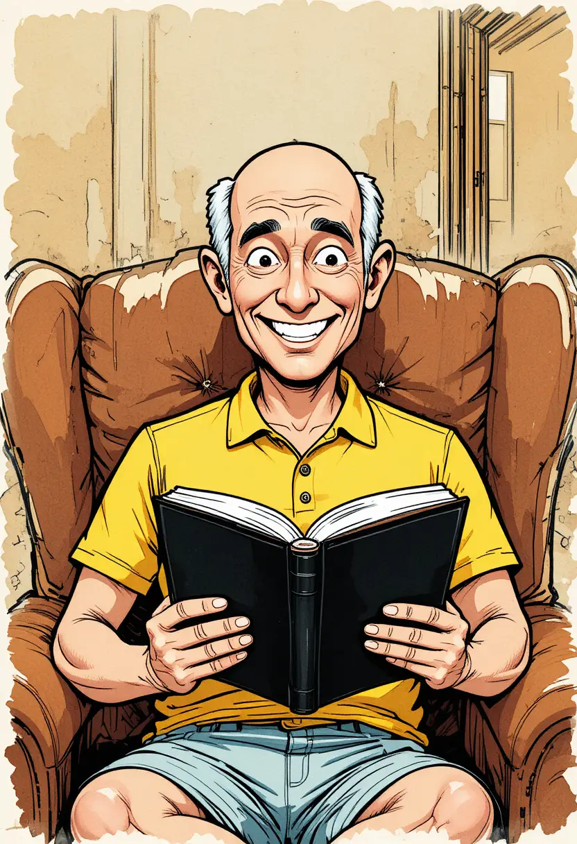 Cheerful bald man reading a book in a leather armchair
