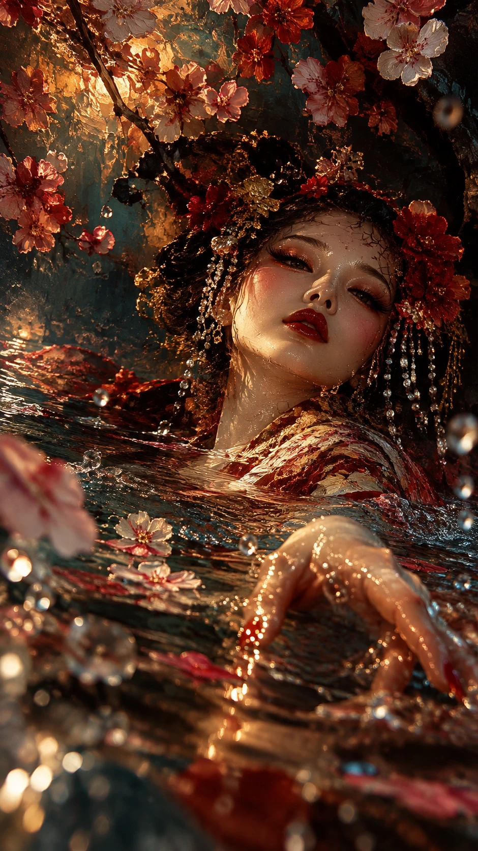 Spectral geisha emerging from darkness in oil painting