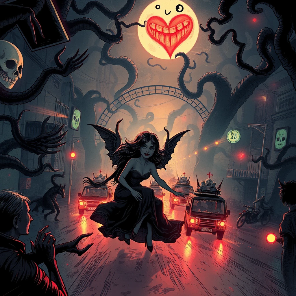 Surreal night street of swirling shadows and ghostly faces