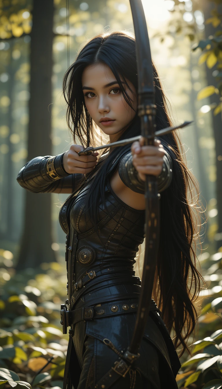 Female archer drawing her bow in a sunlit forest