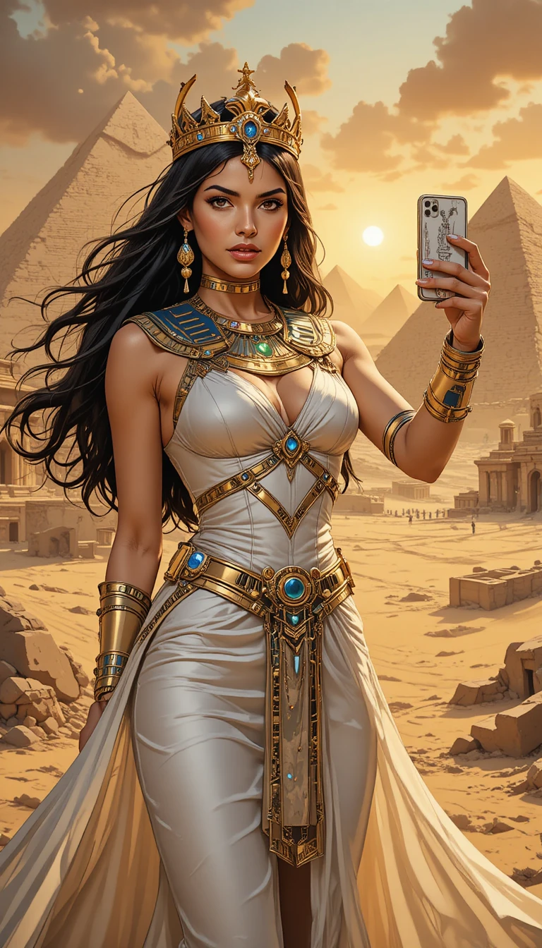 Ägyptische Prinzessin macht ein Selfie vor antiken Pyramiden