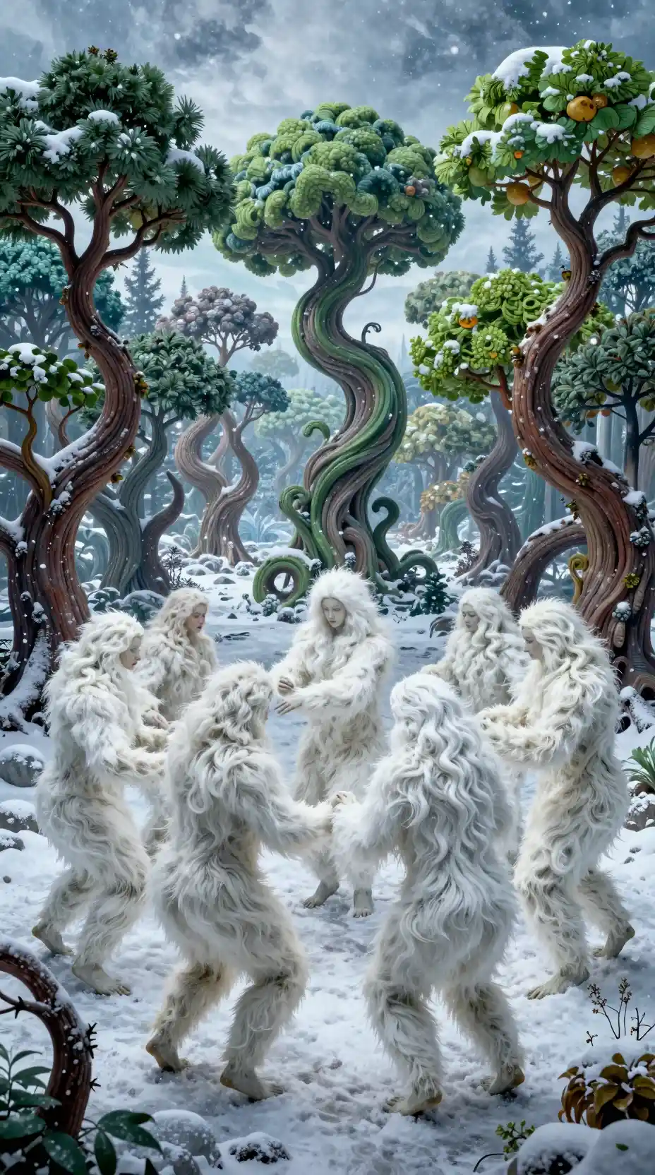 Fellbedeckte Gestalten tanzen in einem surrealen Winterwald