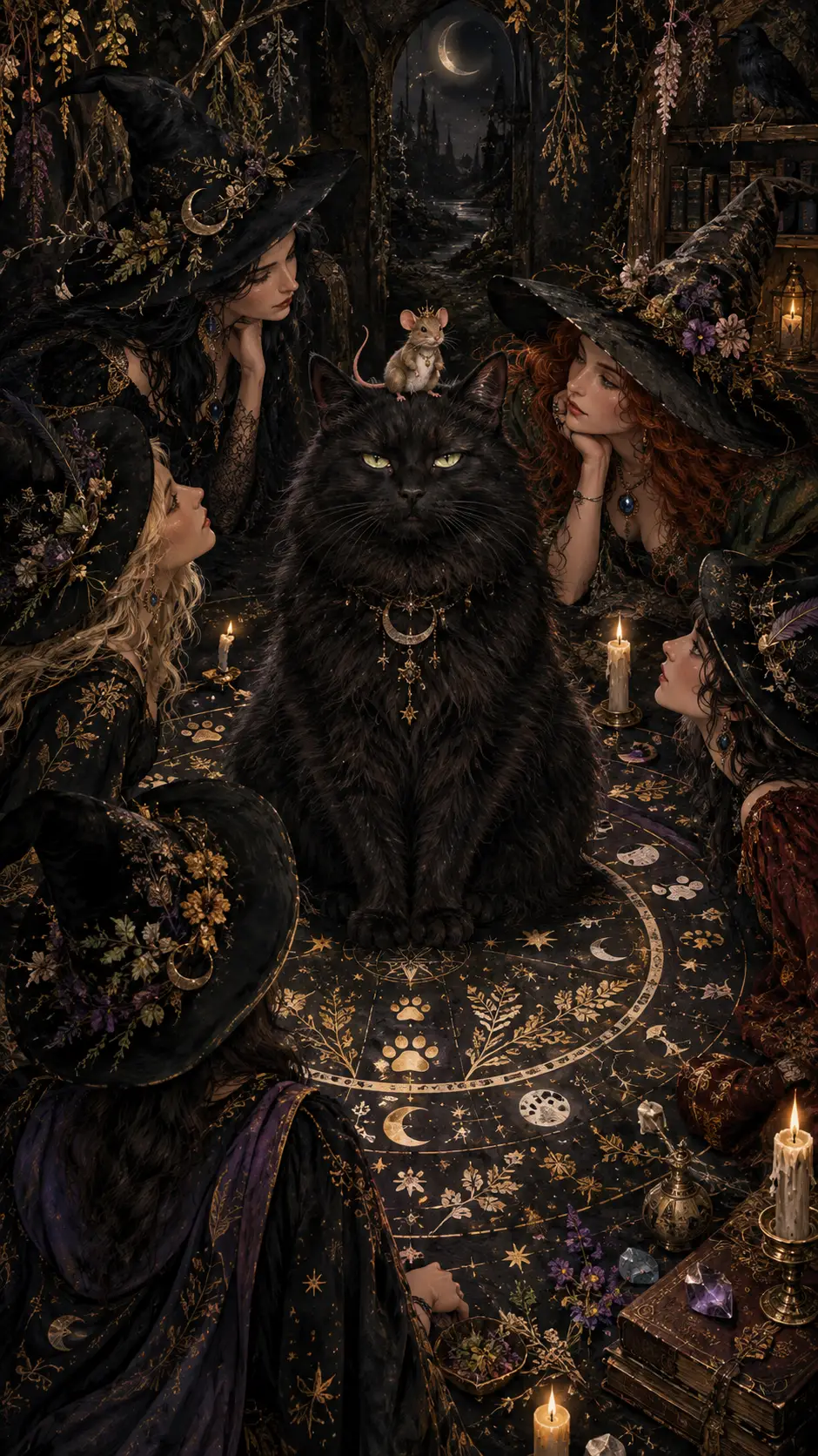 Elegante Hexen versammeln sich um ein gewaltiges schwarzes Katzenorakel