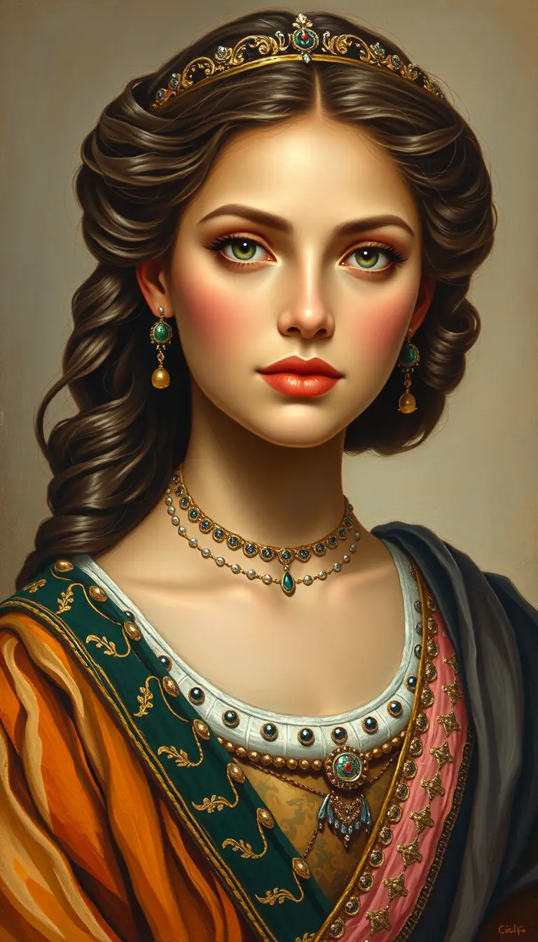 Sassanid noblewoman portrait with serene gaze and bare chest