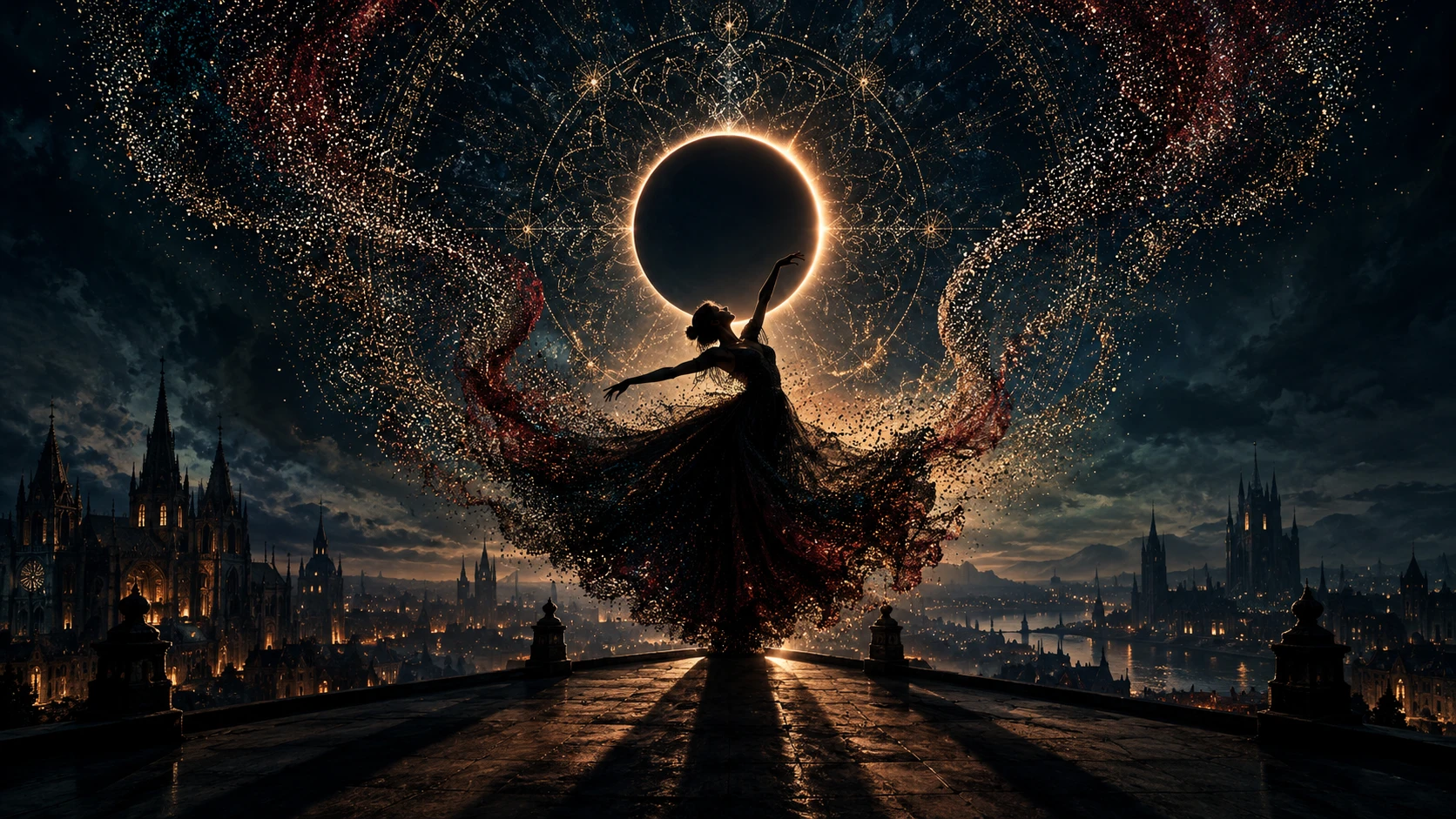 Tänzer-Silhouette auf einem Dach unter einer totalen Sonnenfinsternis