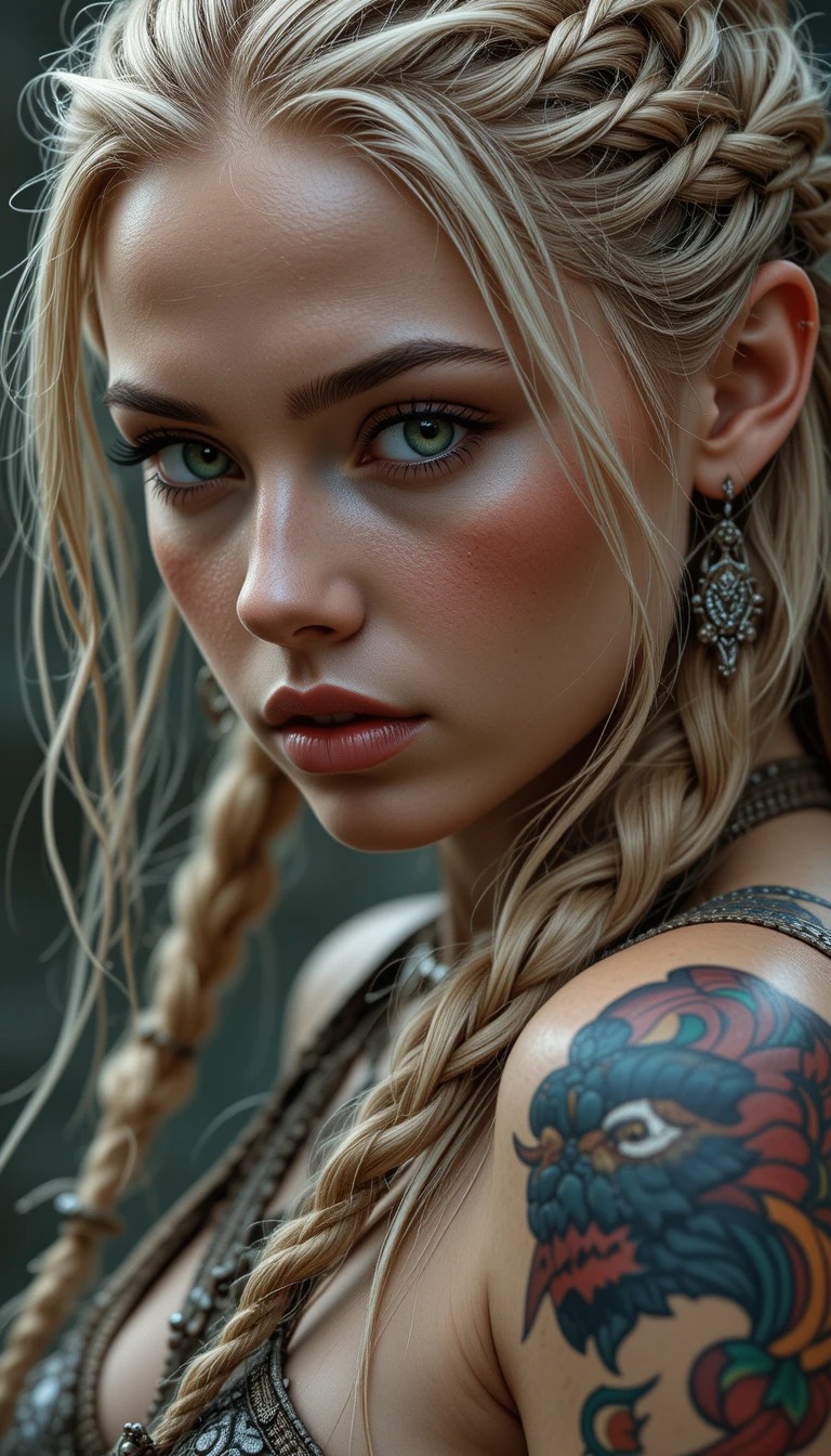 Blond female warrior with braids and emerald green eyes