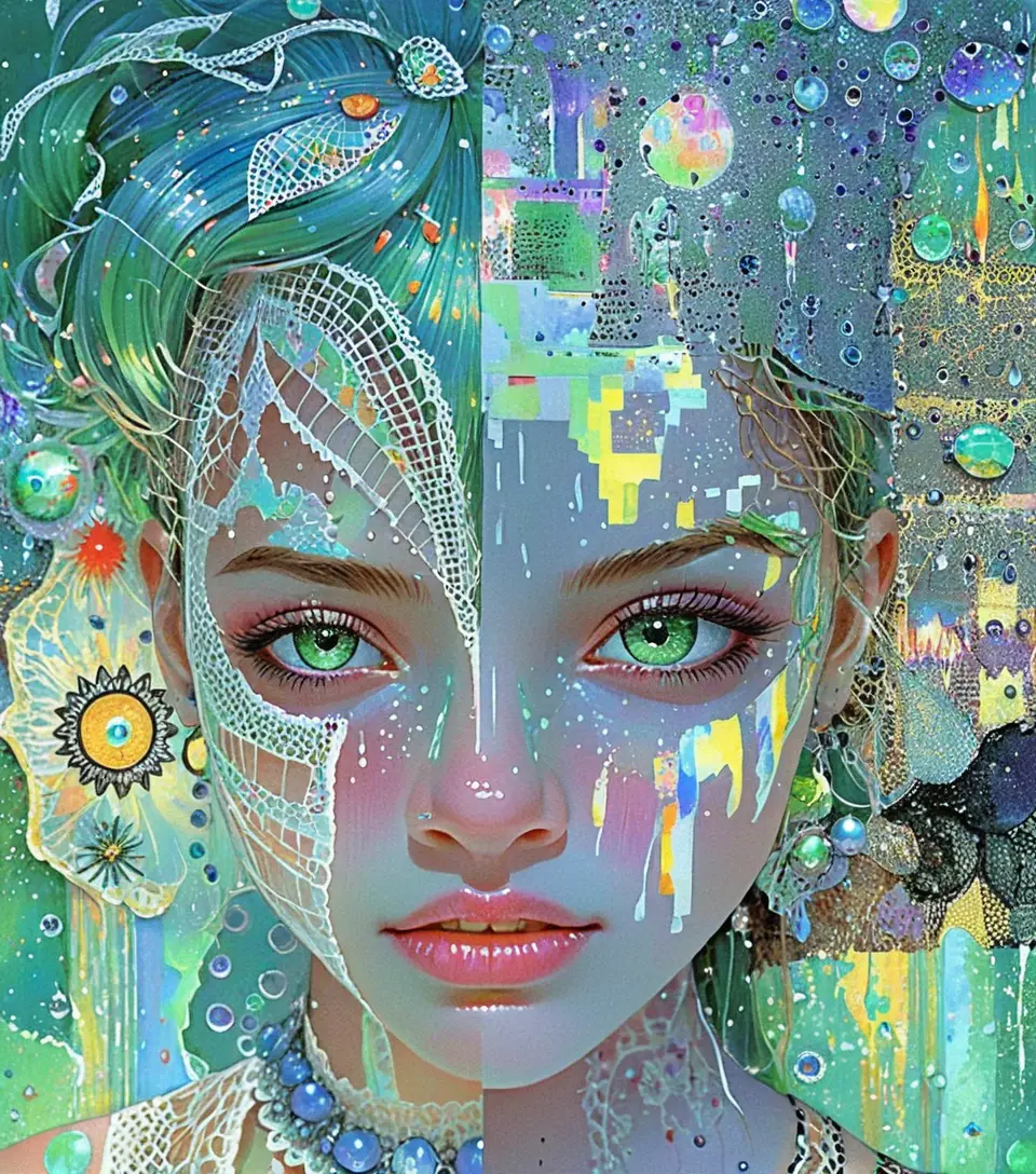 Gothic woman with split light face in ruined city
