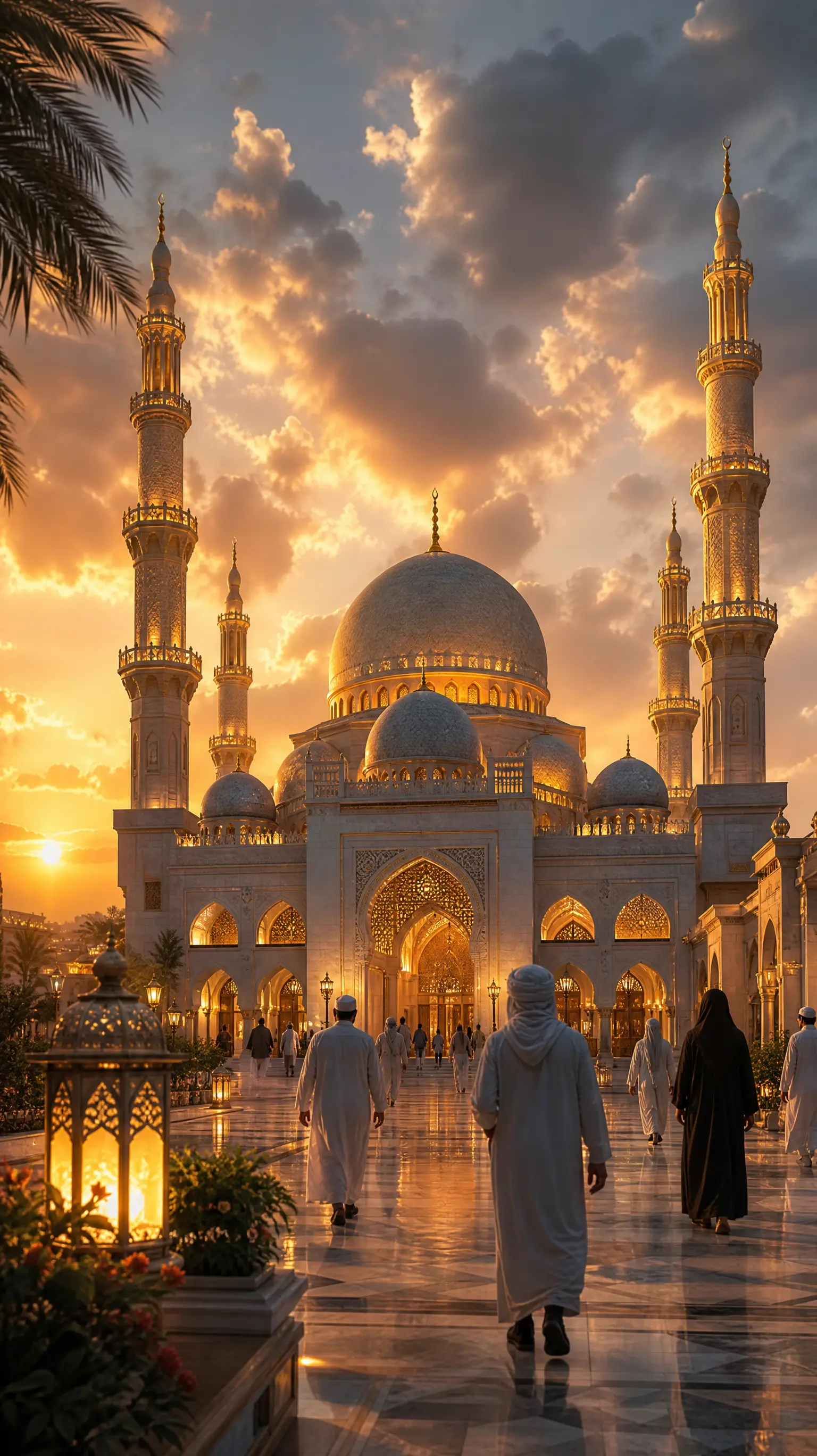 Cinematic sunset view of a grand mosque entrance