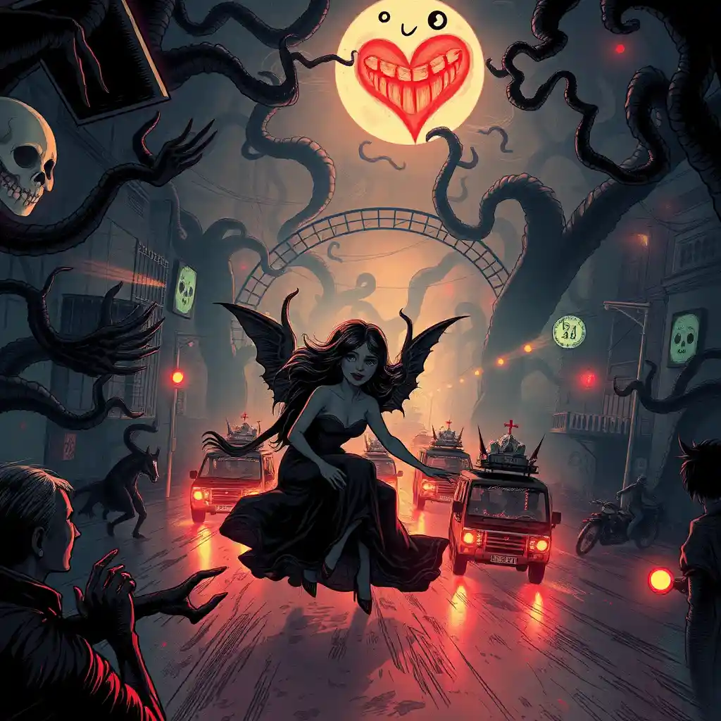 Surreal night street of swirling shadows and ghostly faces