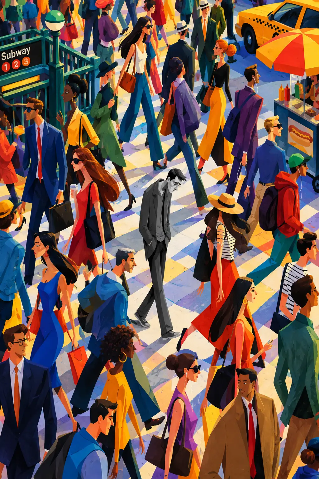 Colorful city crowd with one lonely grayscale figure