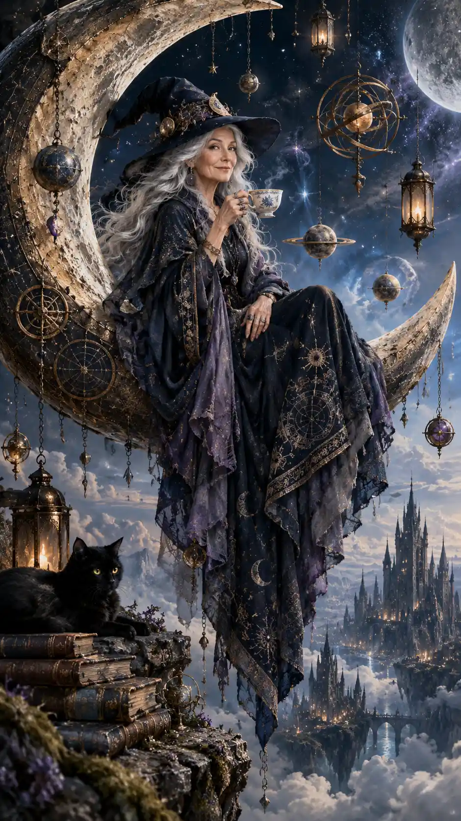 Elderly witch sipping tea on a crescent celestial vessel