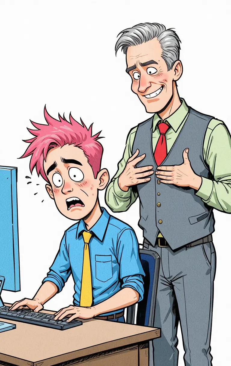 Stressed Young Office Worker Beside Smug Older Colleague