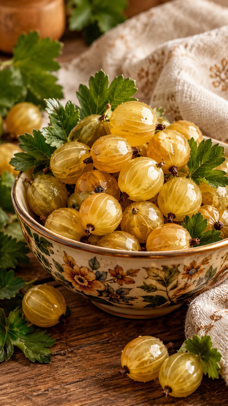 Golden gooseberries in a floral bowl on wooden table