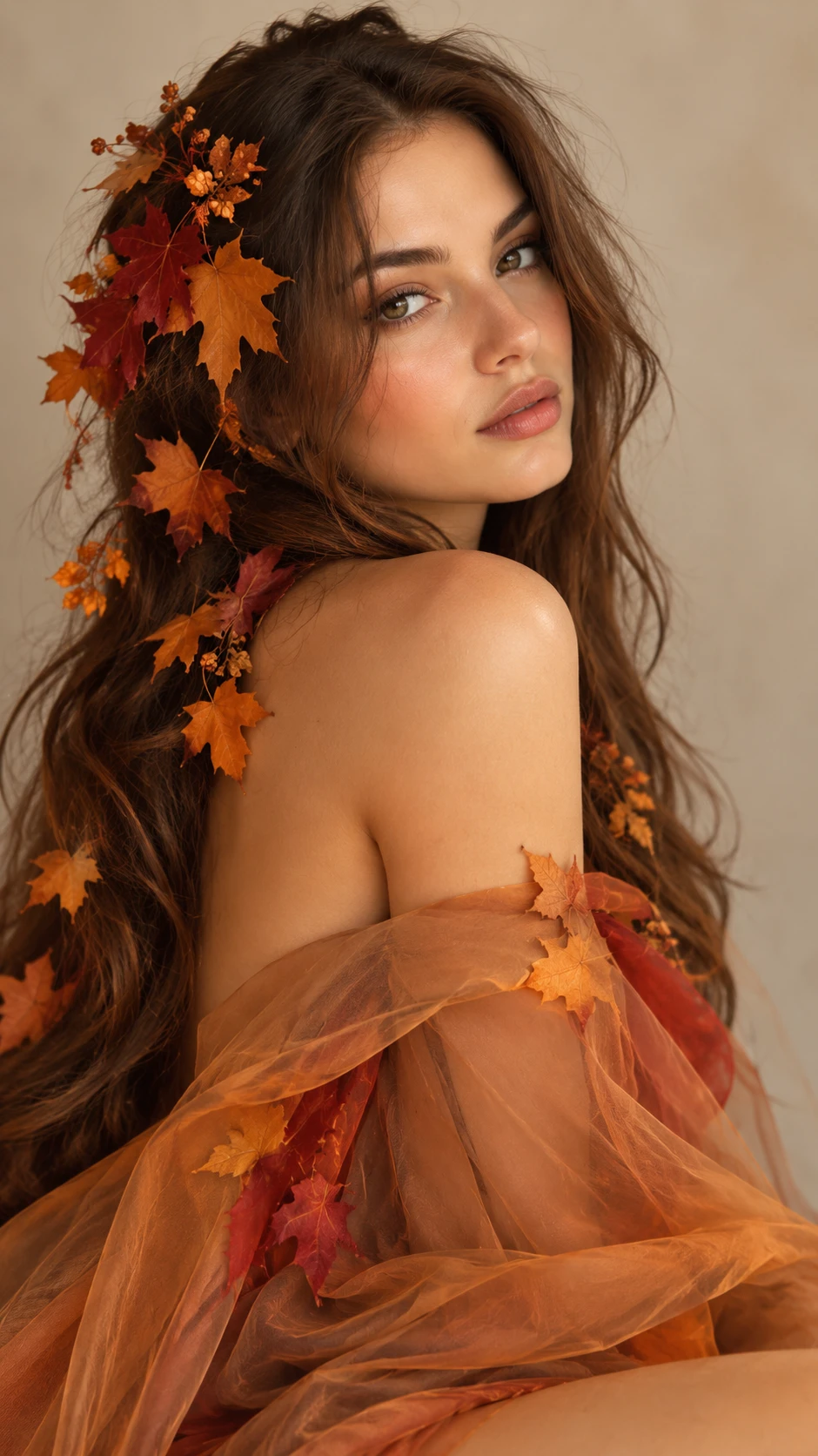 Young woman with autumn leaves in her long brown hair