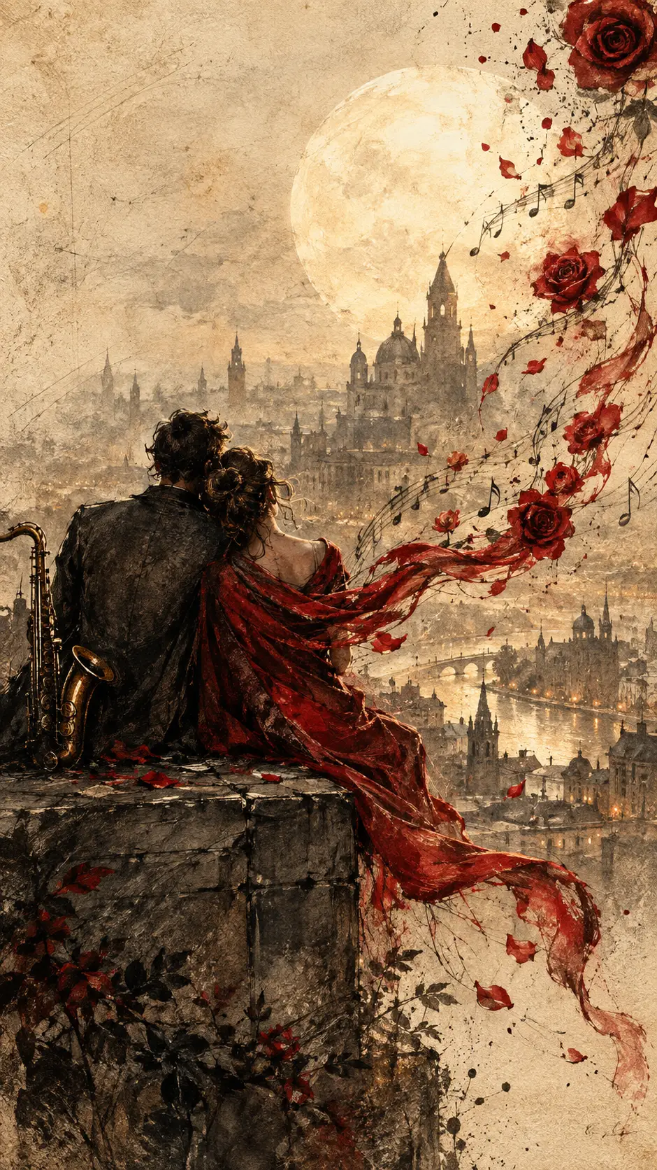 Intimate couple on a rooftop above a hazy moonlit city