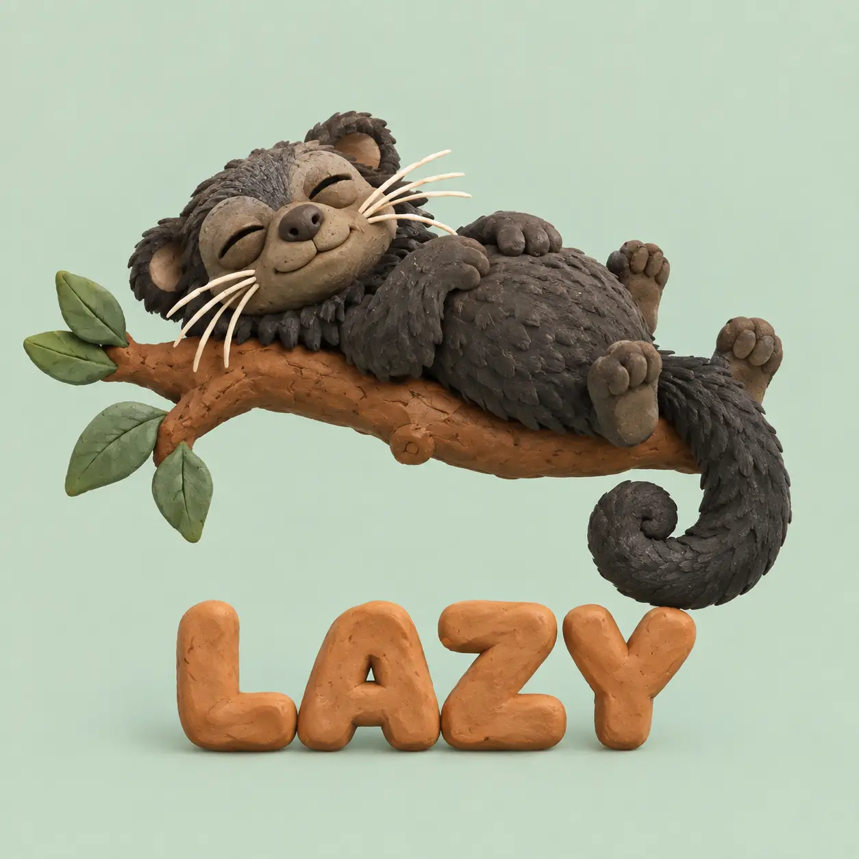 Sleeping binturong on a tree branch in clay illustration
