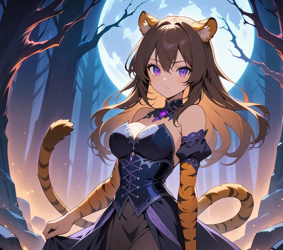 Elegant anime tiger woman in a moonlit haunted forest