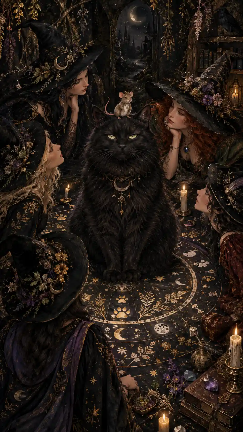 Elegante Hexen versammeln sich um ein gewaltiges schwarzes Katzenorakel
