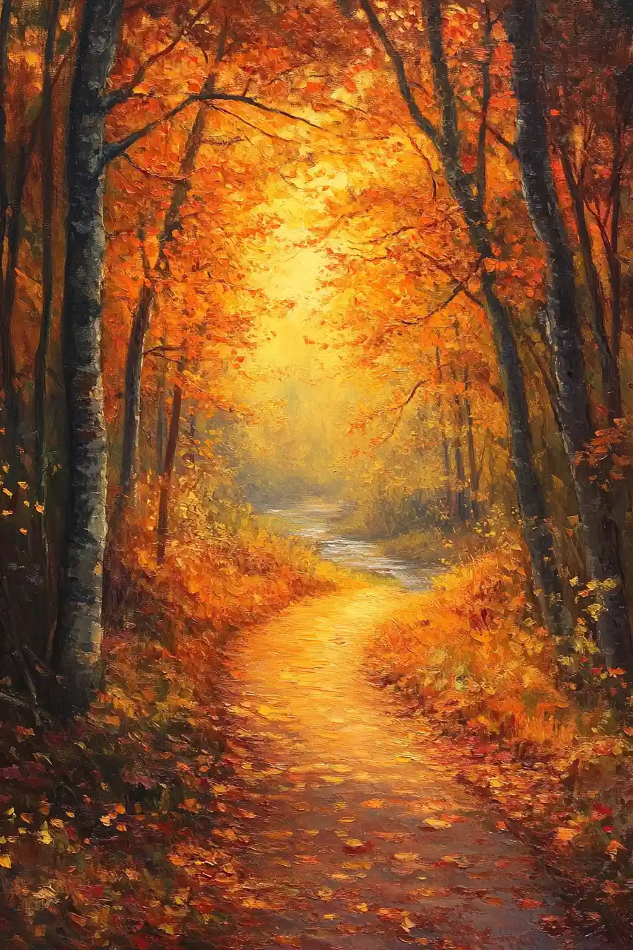 Mystical forest path in warm autumn evening sunlight