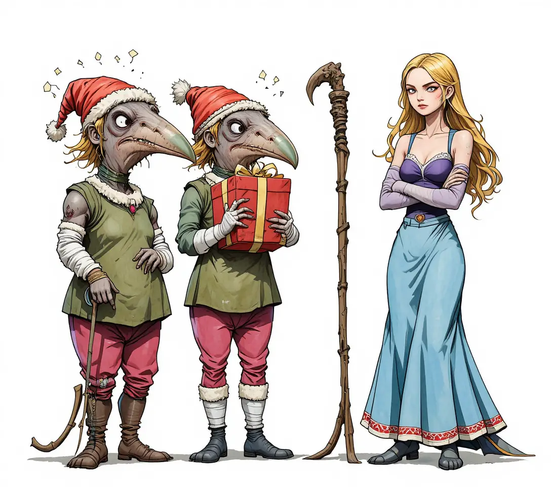 Seductive horned holiday demon holding a monstrous gift head