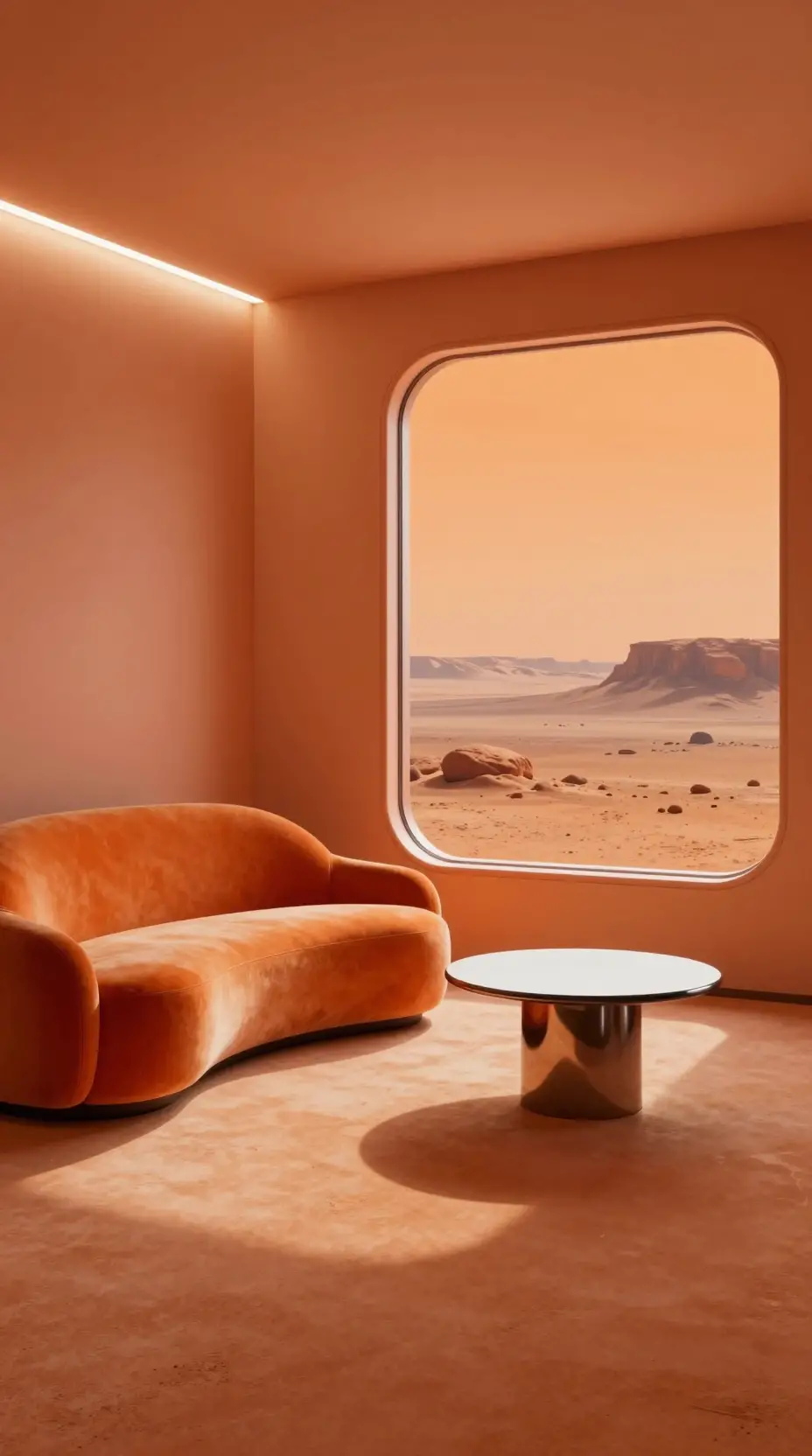 Minimalist mars living room with orange sofa and window