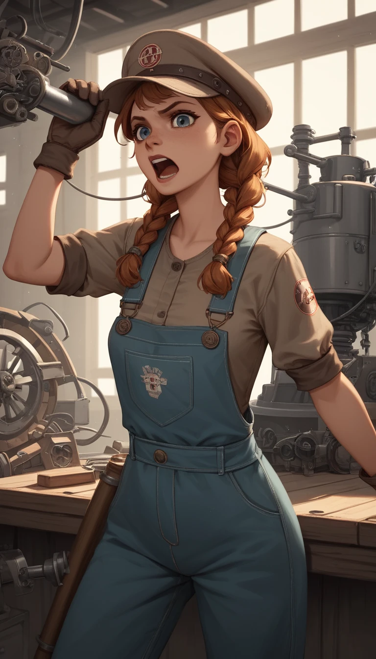 Nordic warrior woman beside a roaring steampunk engine