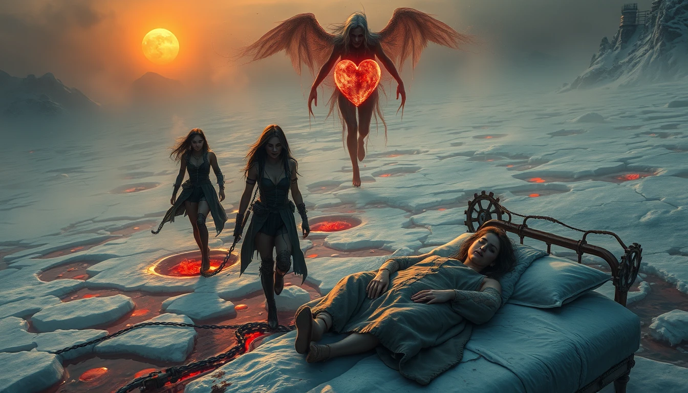 Dying sun over frozen mountains and corrupted ice field