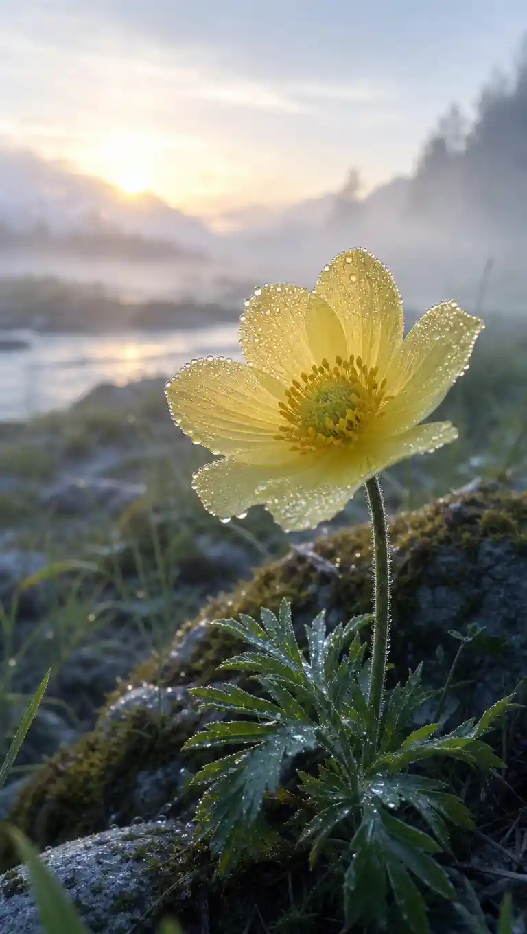 Delicate Yellow Flower With Dew In Quiet Morning Mist