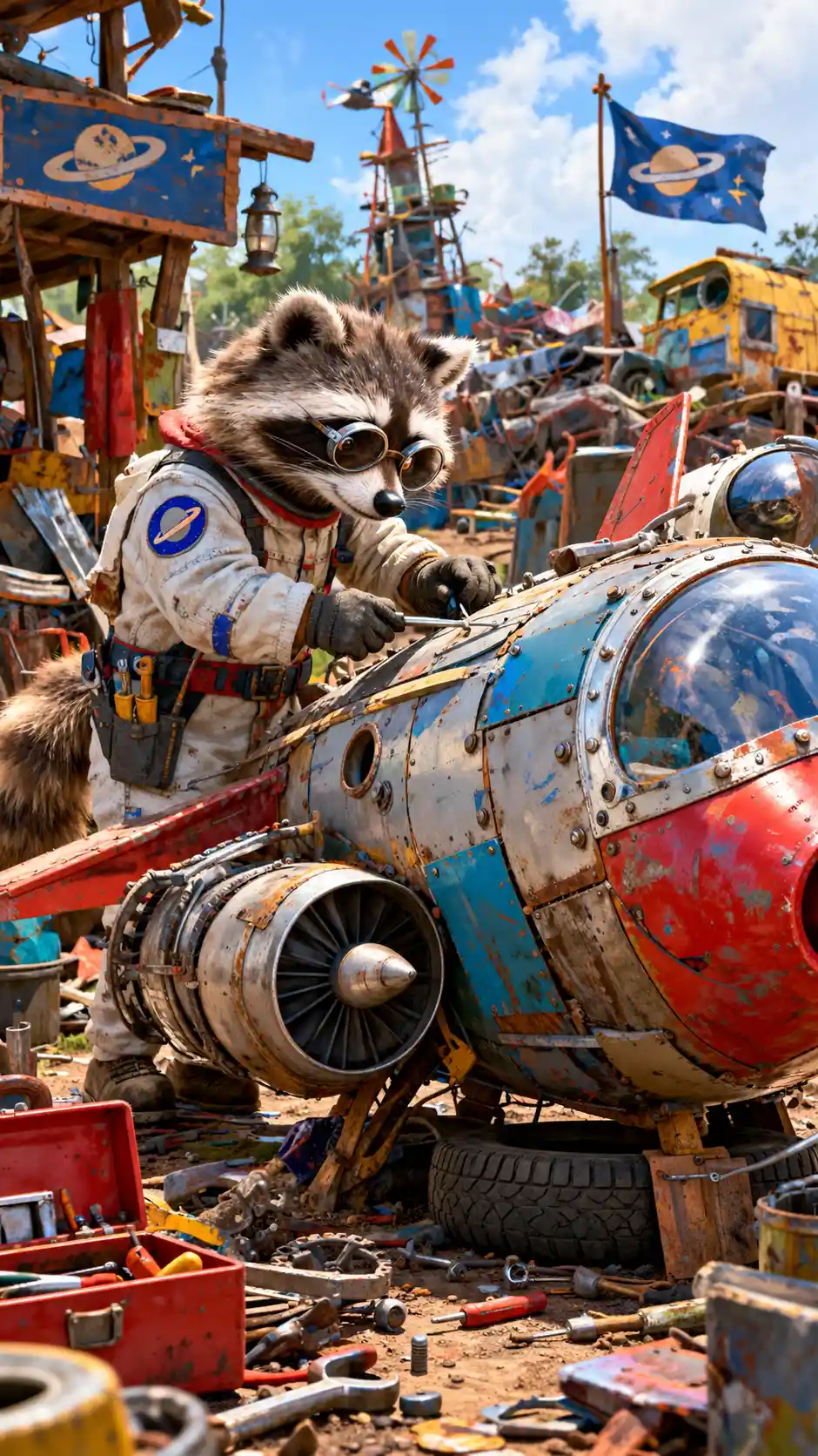 Raccoon astronaut building a scrap metal spaceship in junkyard