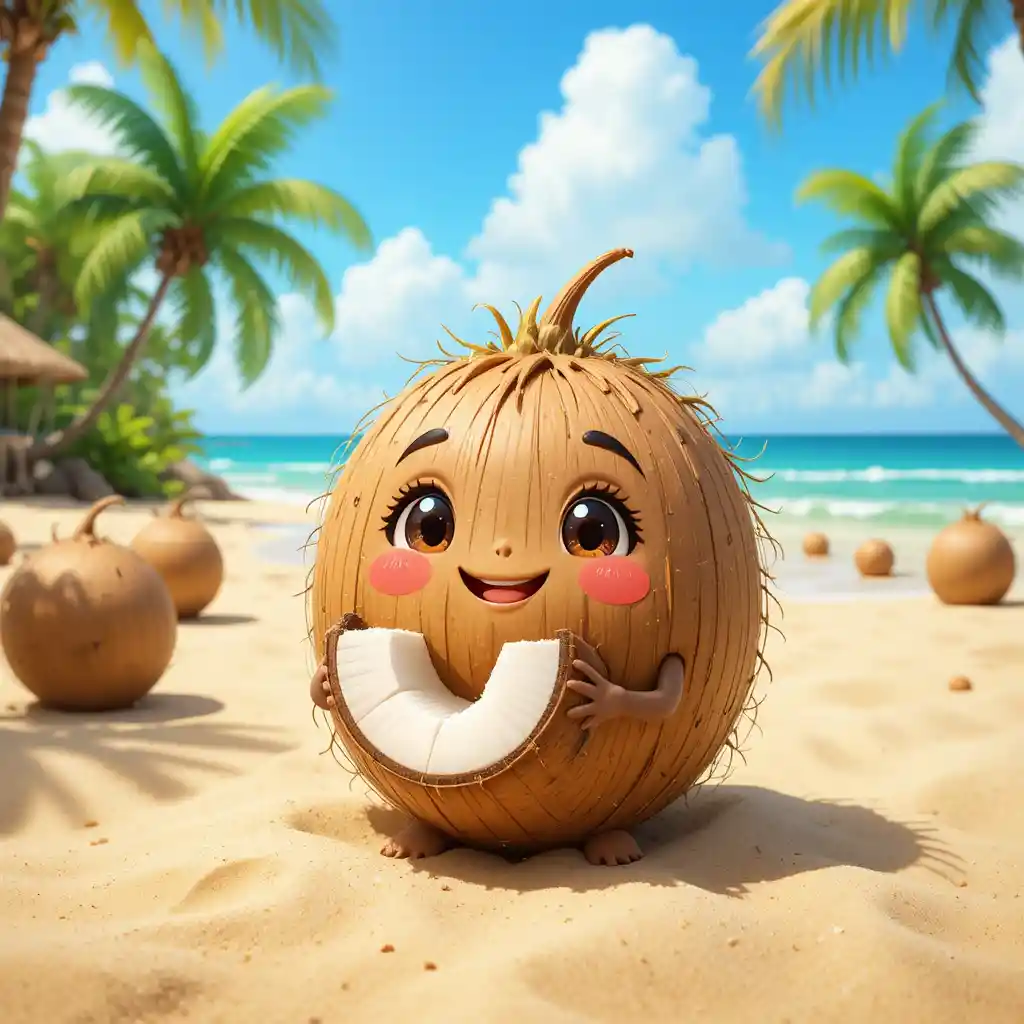 Cute smiling coconut character on sunny tropical beach