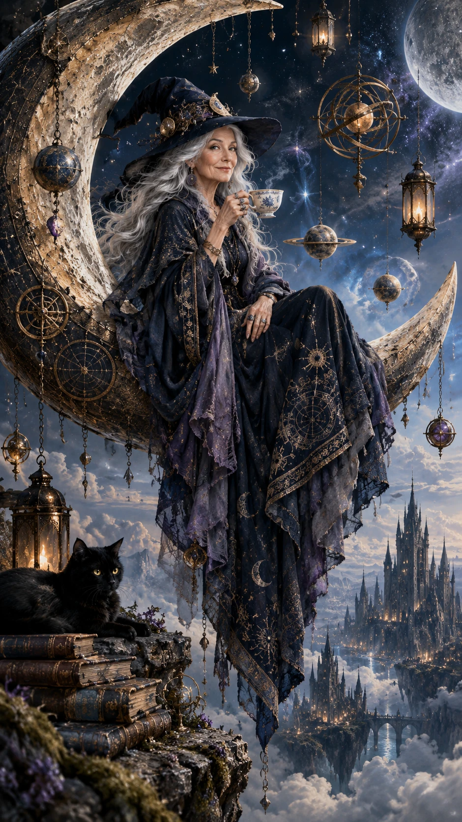 Elderly witch sipping tea on a crescent celestial vessel