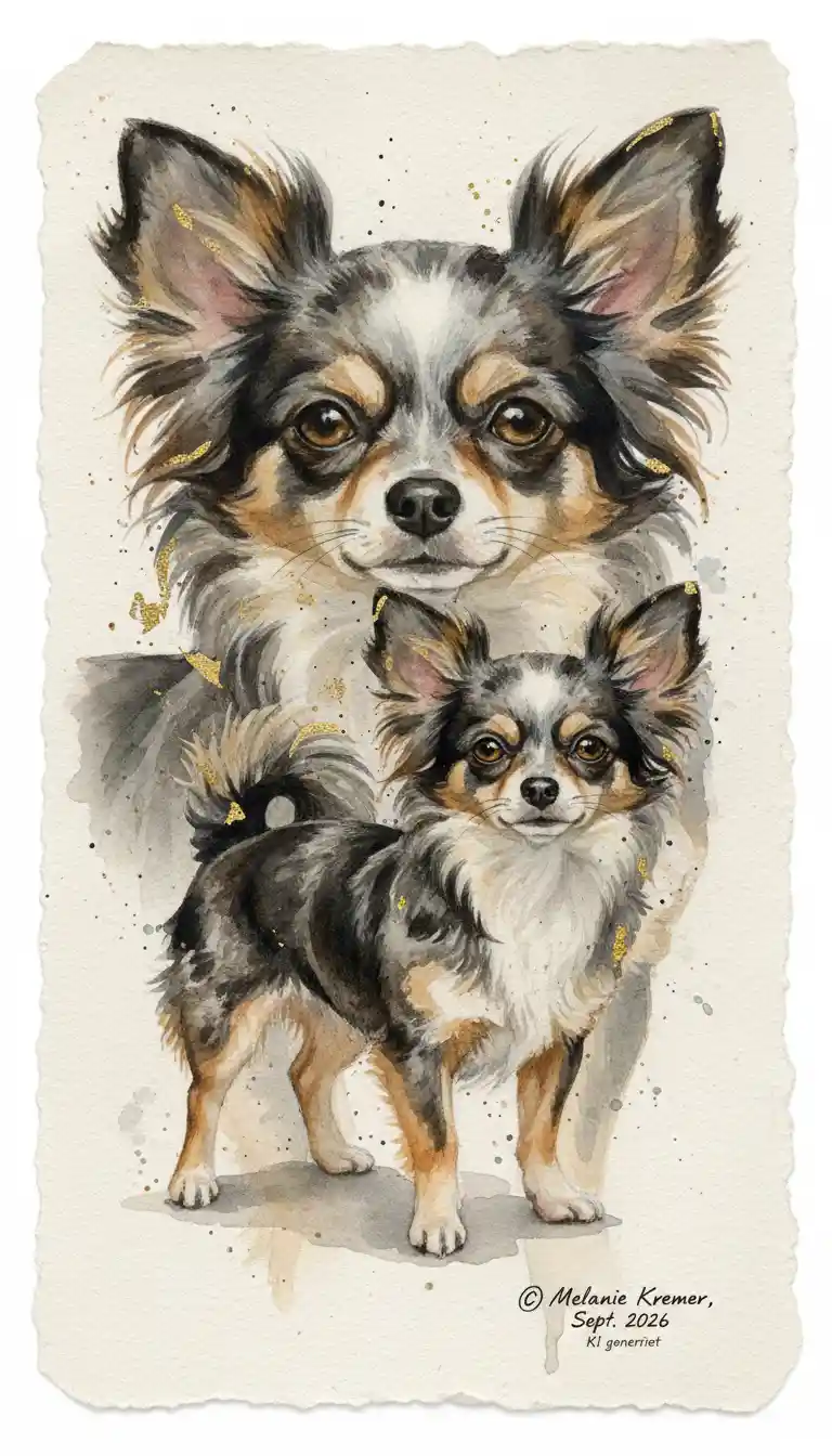 Watercolor double exposure portrait of a long haired chihuahua
