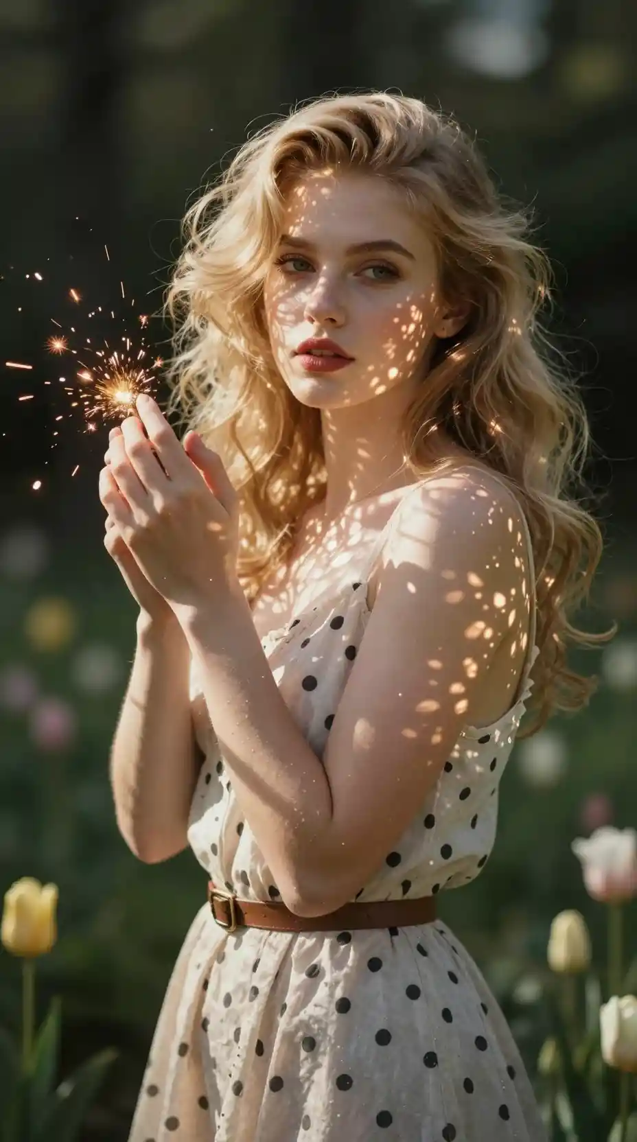 Surreal double exposure portrait of a blond girl in garden