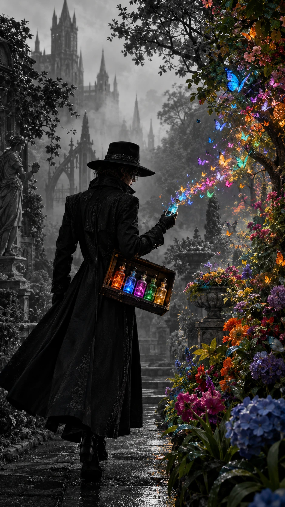 Figura misteriosa em um jardim gótico com cores brilhantes