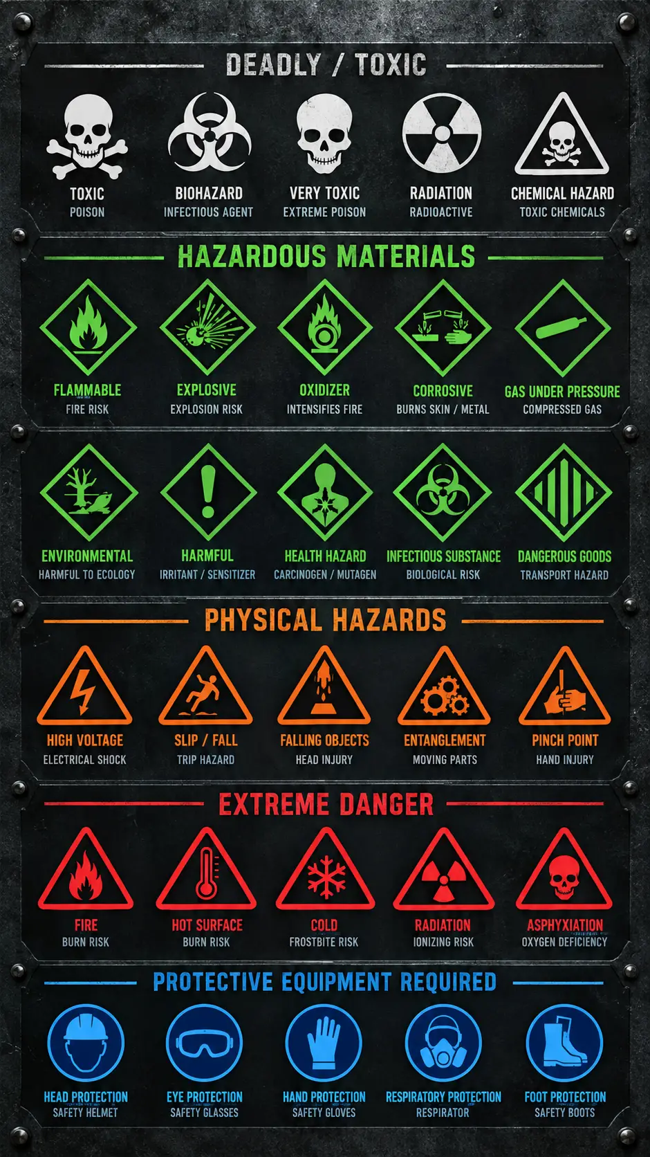 Vertical panel of colored industrial hazard and safety symbols
