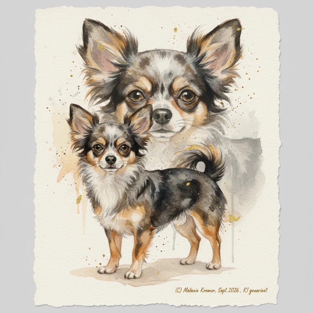 Watercolor double exposure portrait of a merle chihuahua