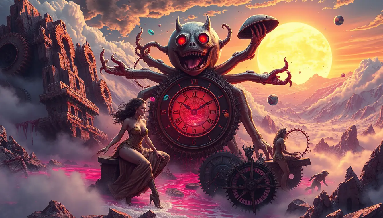 Surreal women before a rotting cosmic horizon of gears and ice