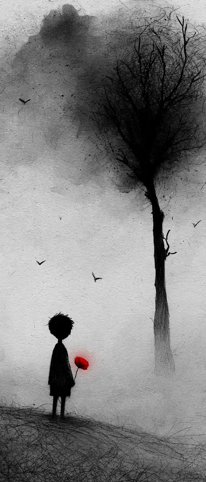 Lonely child with red poppy beneath a withered tree