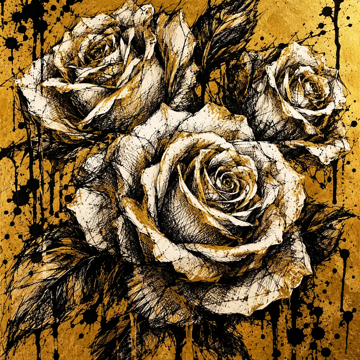 Expressive ink drawing of roses on golden abstract background
